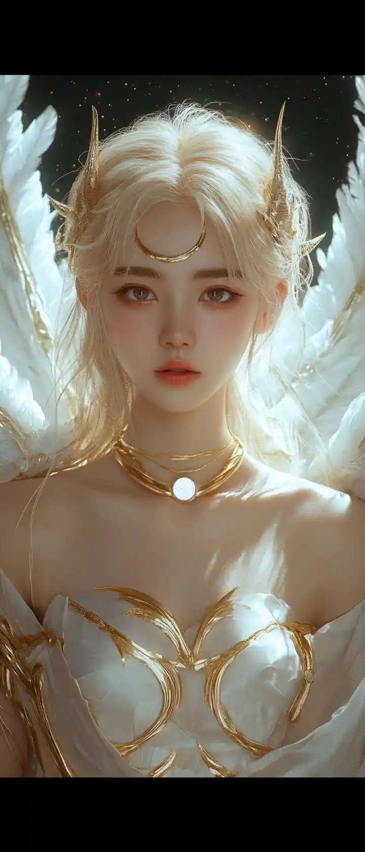 Engelhafte K‑Pop-inspirierte Fantasy-Frau mit goldenem Stirnreif