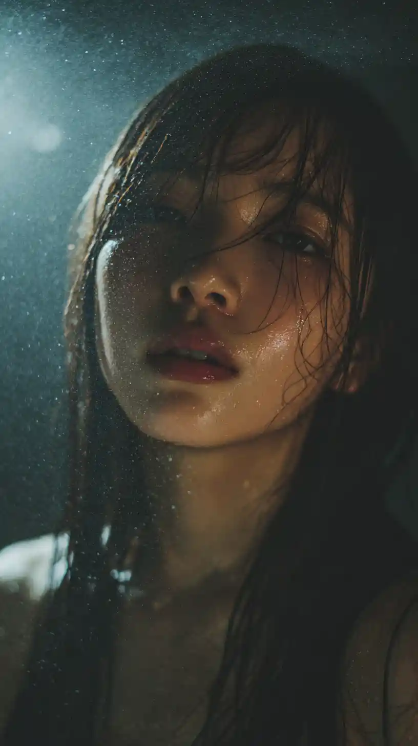 Moonlit portrait of a young woman in outdoor onsen