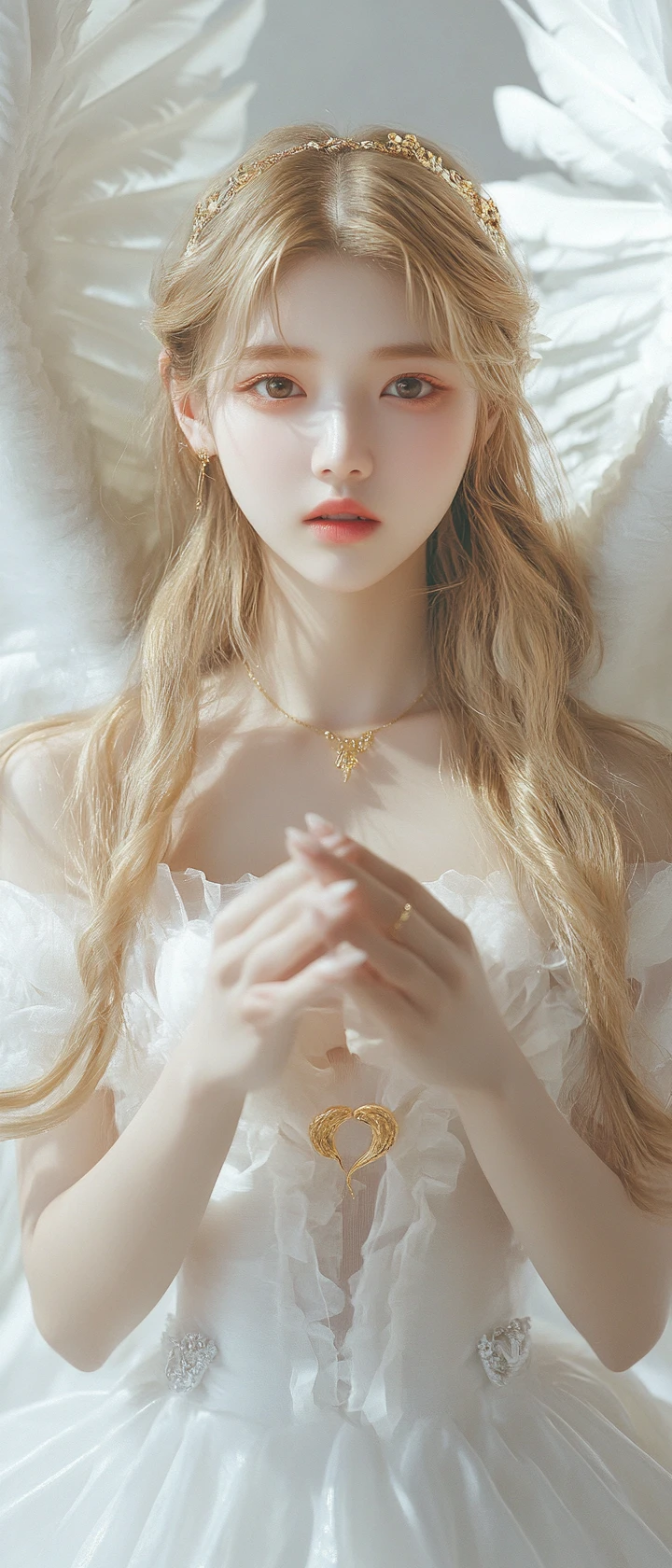 Angelic k pop inspired portrait of a serene winged girl