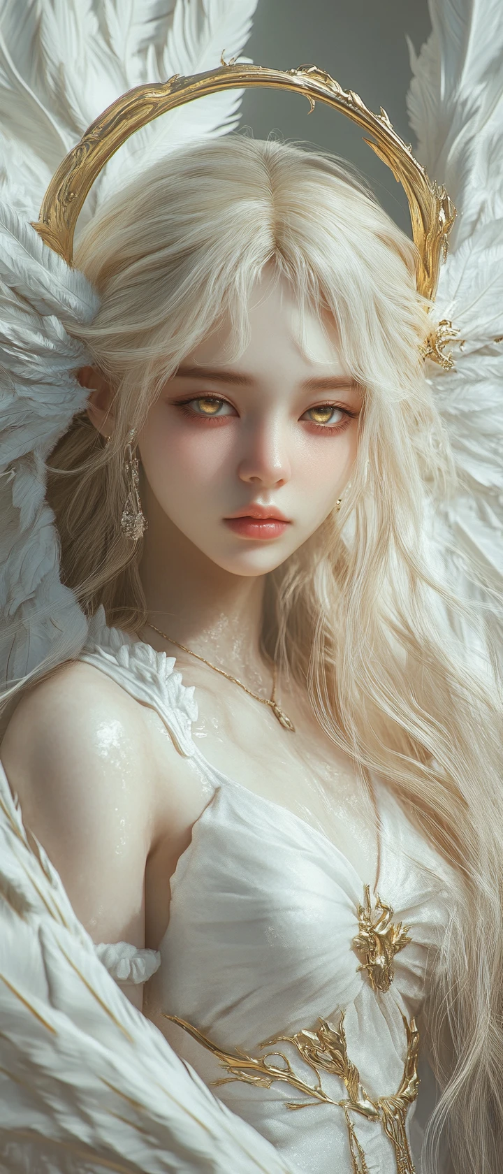 Fantasy winged idol portrait with soft sunlight and ribbons
