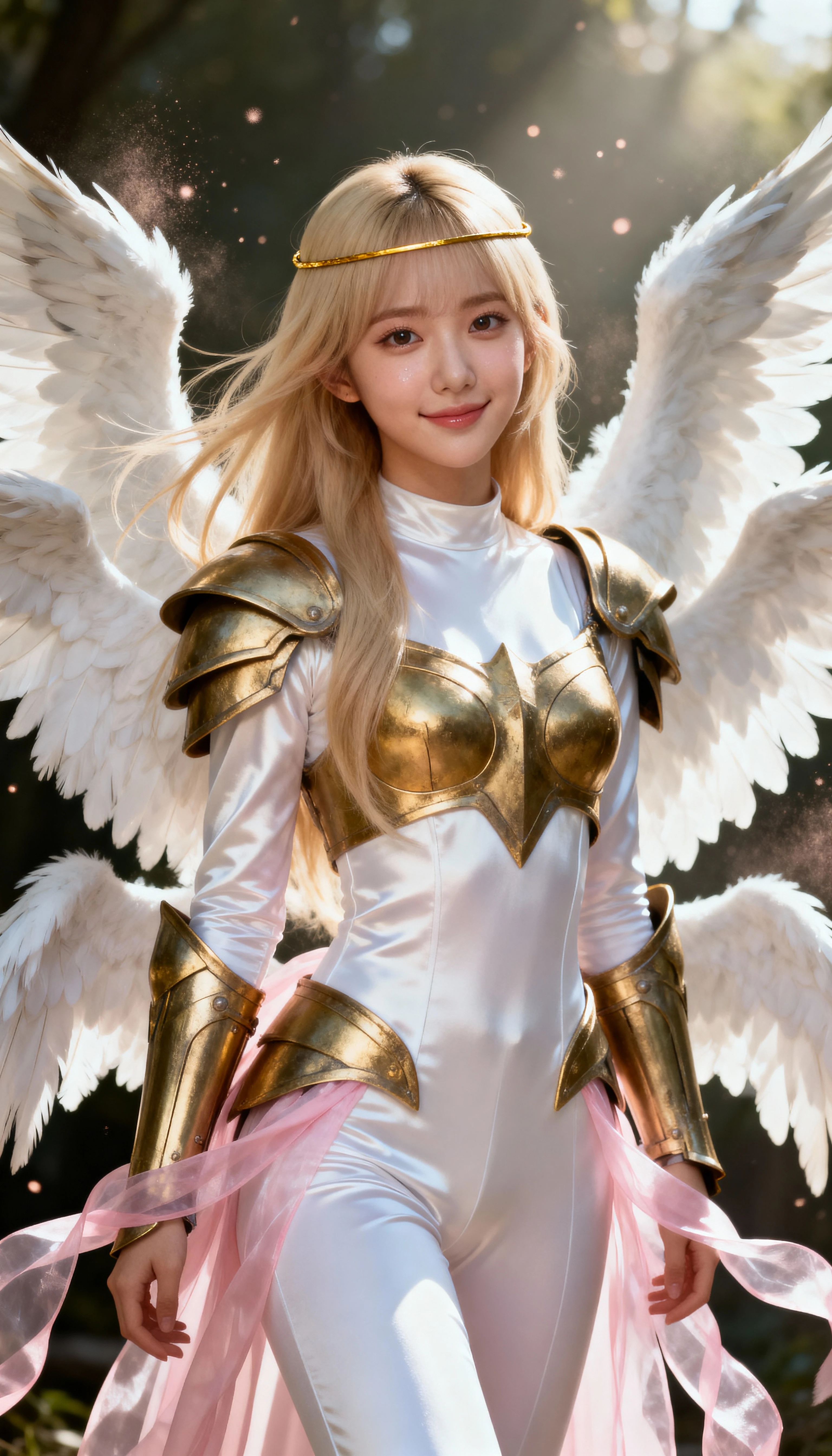 Angelic winged heroine styled as a modern k pop idol