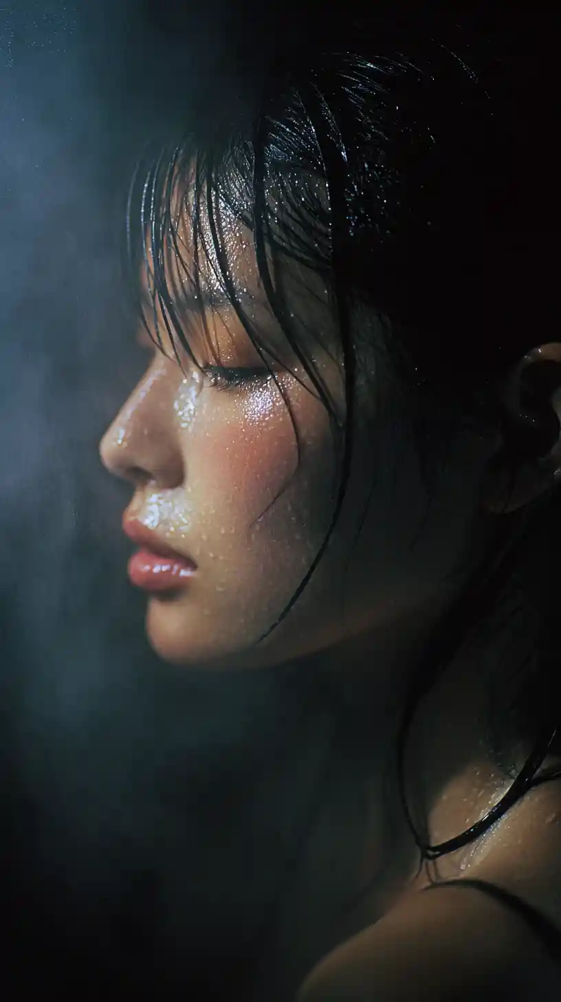 Moonlit portrait of a Taiwanese girl in outdoor onsen