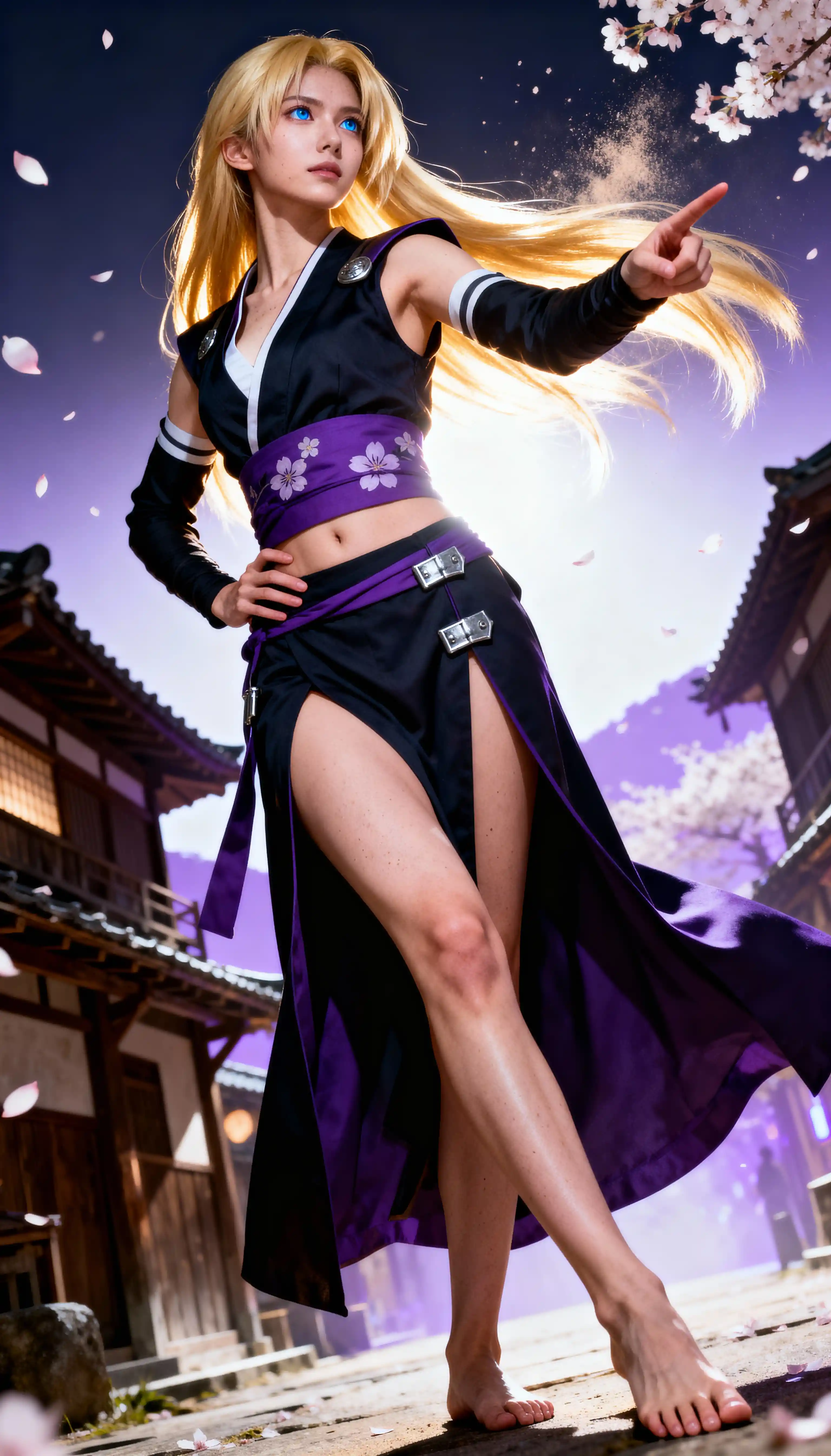 Blonde kunoichi stepping forward in a cinematic village scene