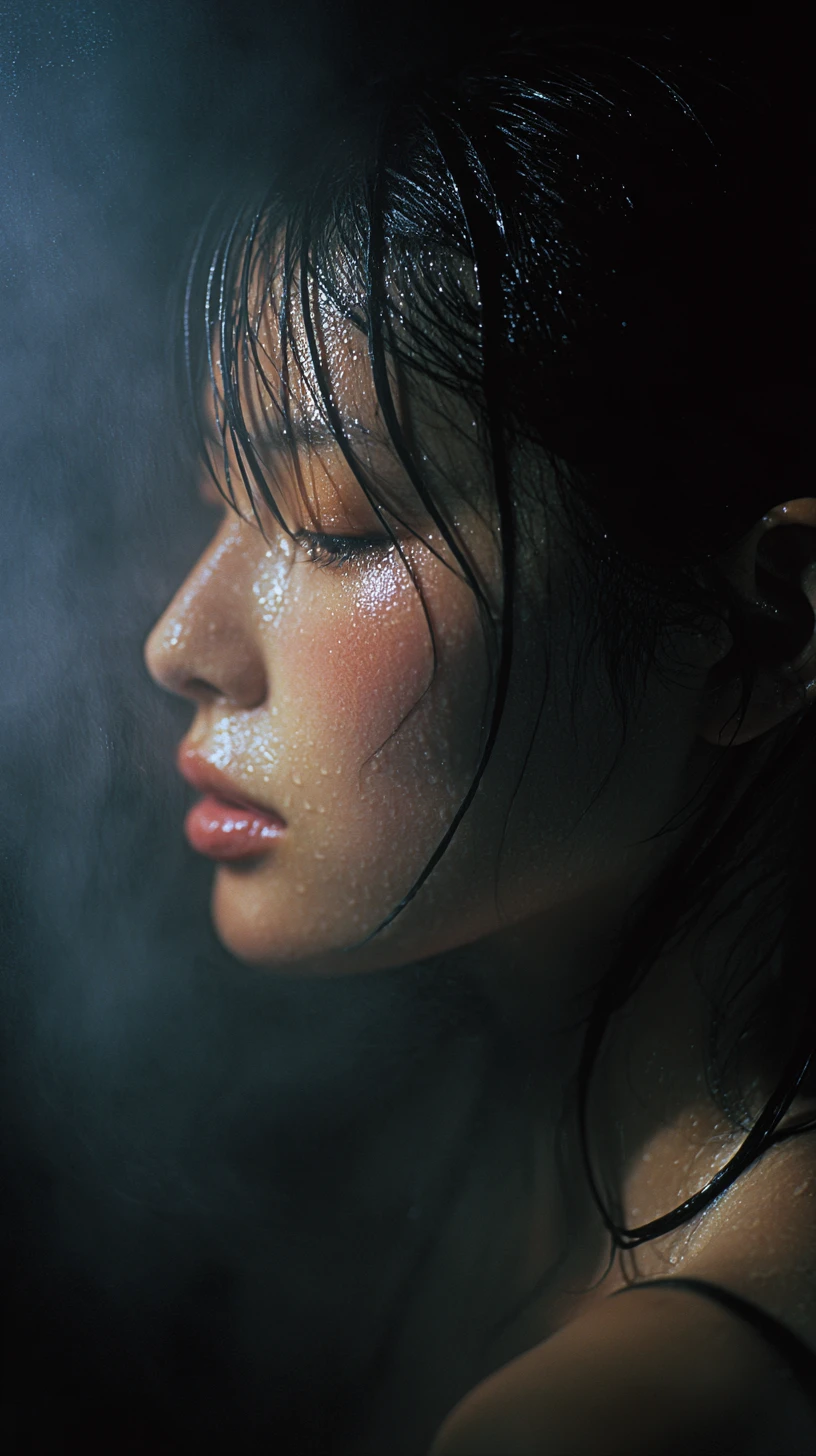 Moonlit portrait of a Taiwanese girl in outdoor onsen