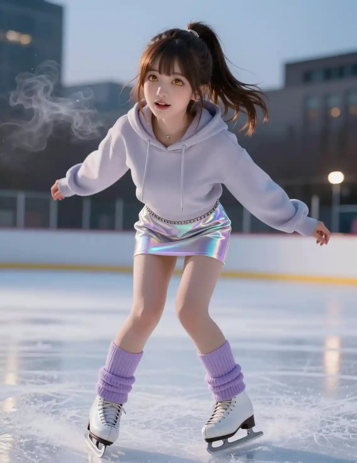 Anime girl on urban ice rink in cinematic twilight scene