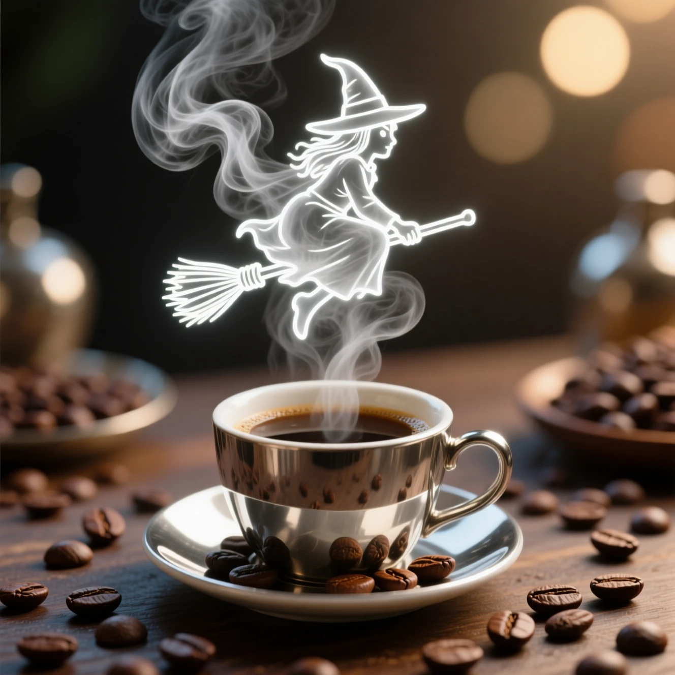Mystische Dampfleuchthexe über silberner Kaffeetasse mit Bohnen