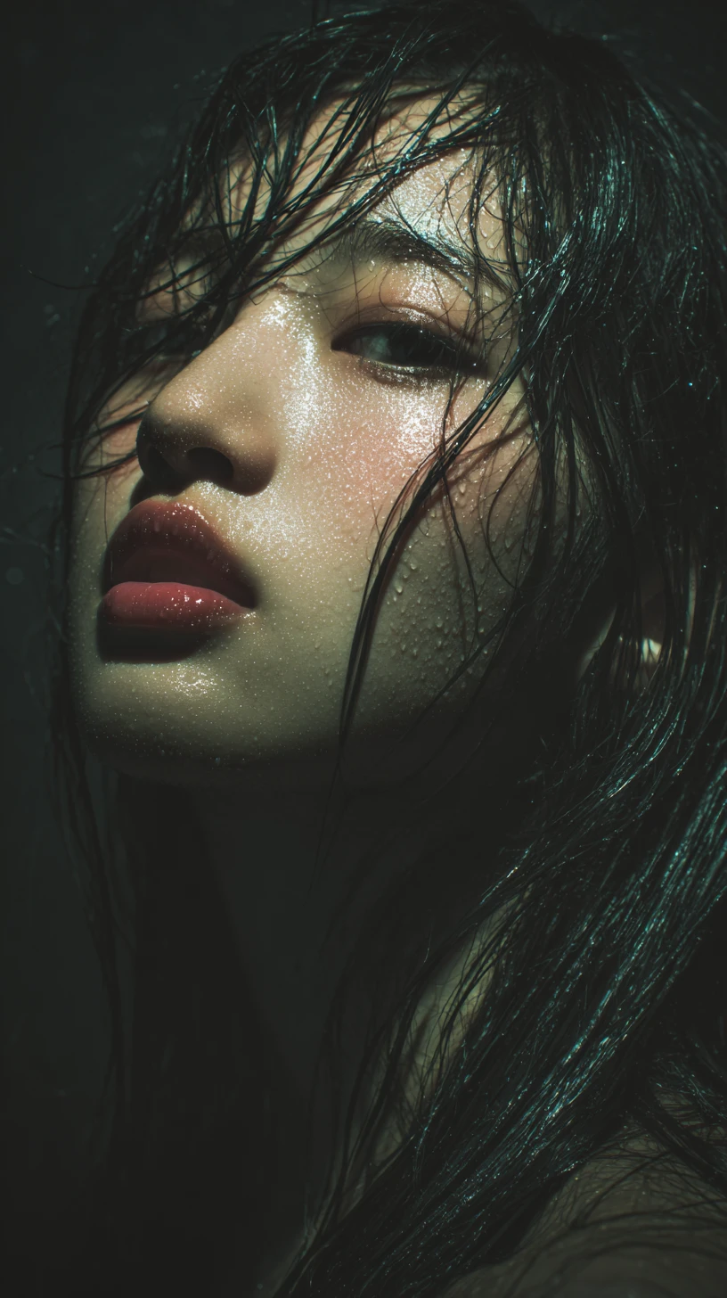 Young woman in moonlit outdoor onsen portrait