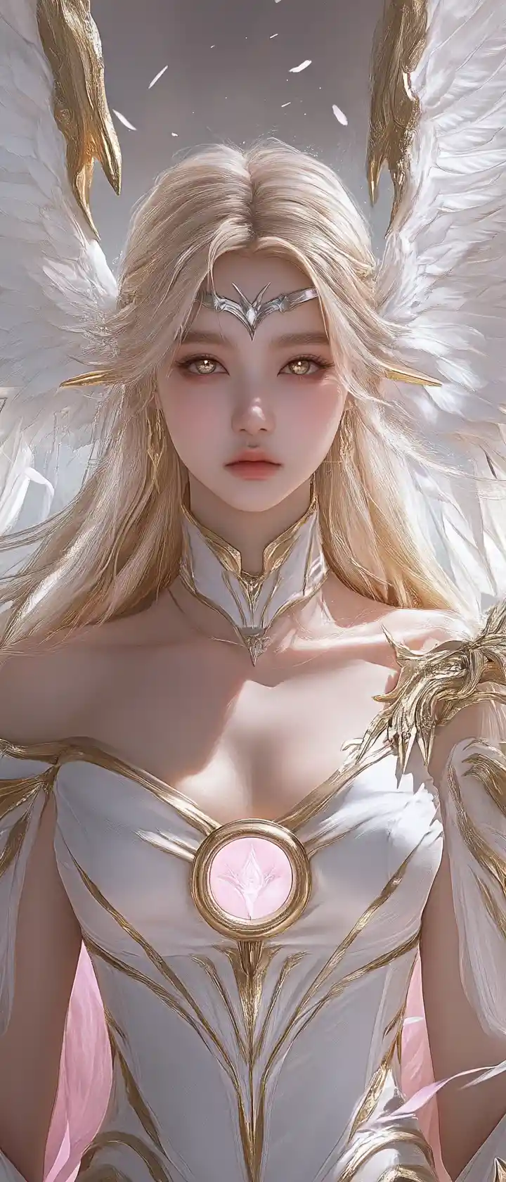Serene winged heroine portrait with golden circlet and armor