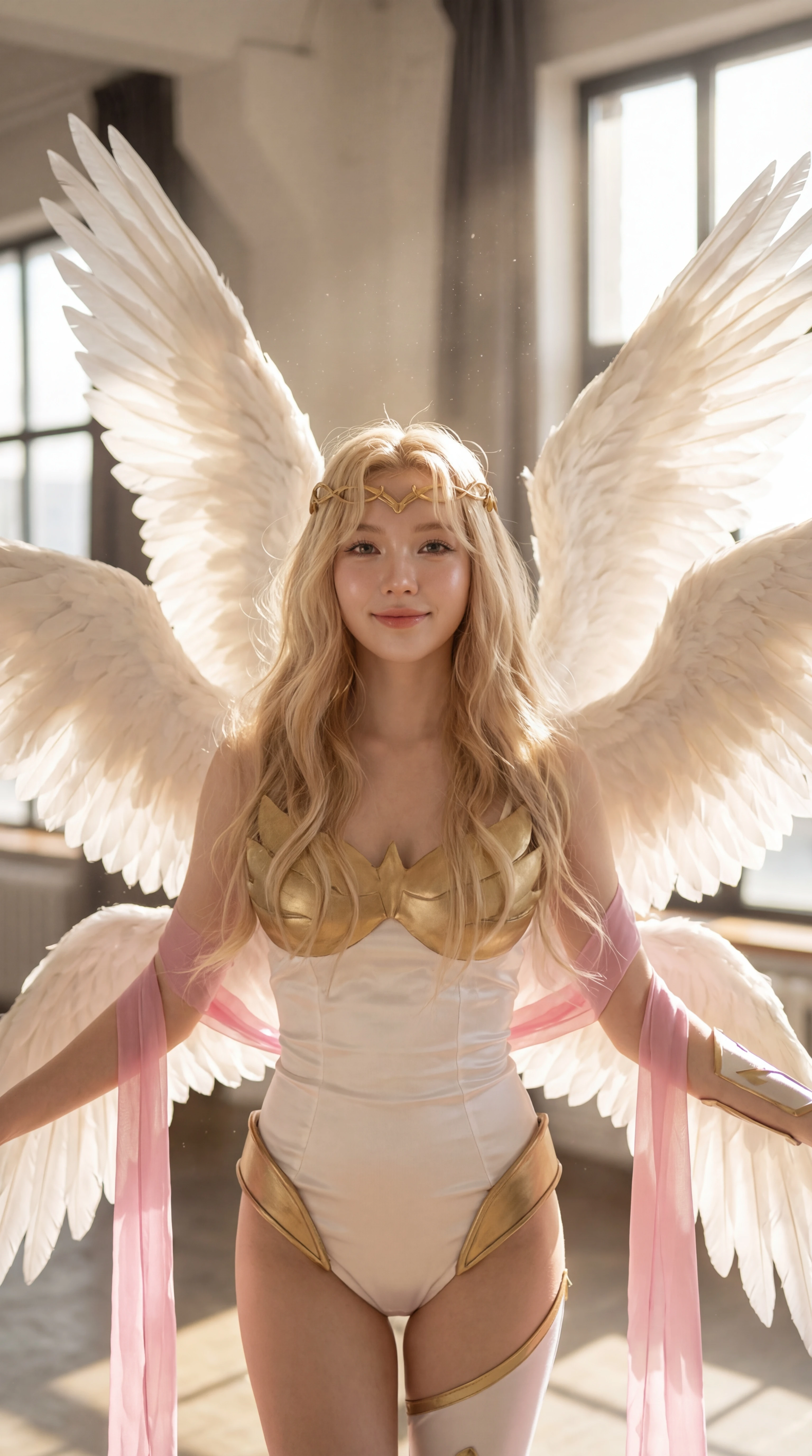 Fantasy winged idol girl in golden armor portrait