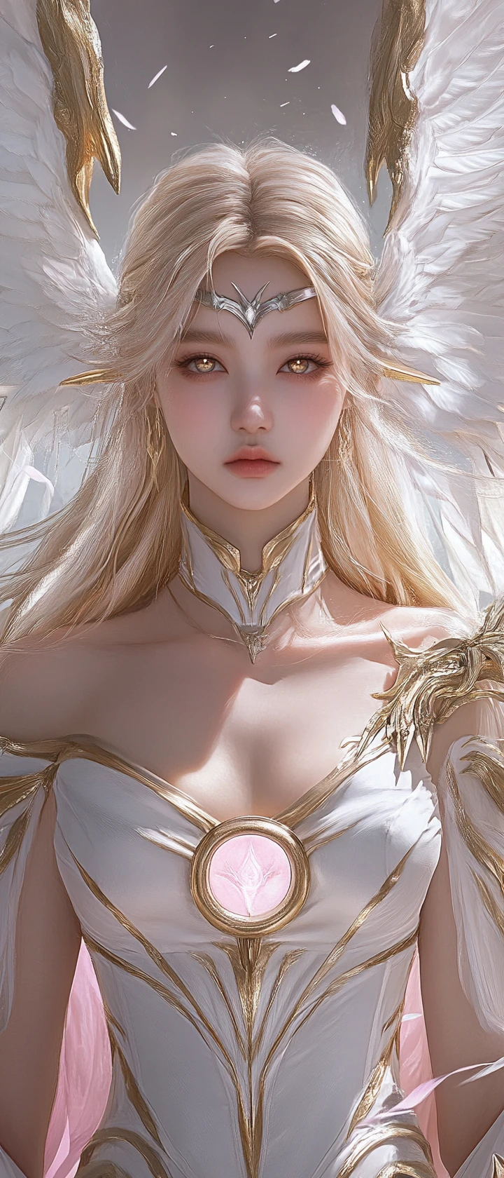 Serene winged heroine portrait with golden circlet and armor