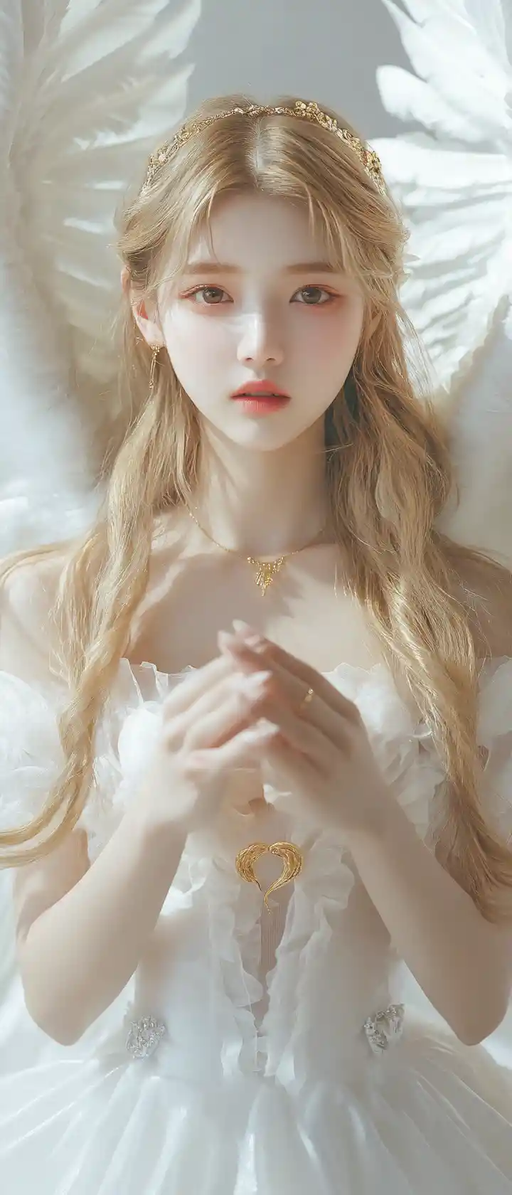 Angelic k pop inspired portrait of a serene winged girl