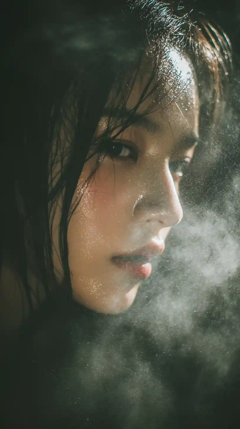 Retrato a la luz de la luna de una joven entre el vapor de un onsen al aire libre