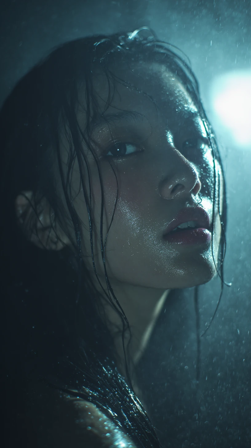 Young woman in moonlit outdoor onsen portrait