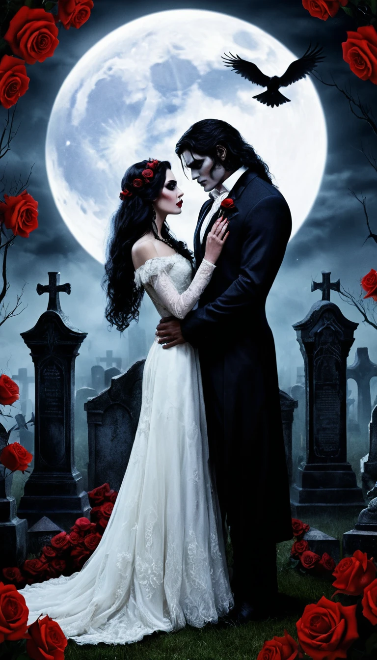 Vampire Bride And Werewolf Groom In A Moonlit Graveyard