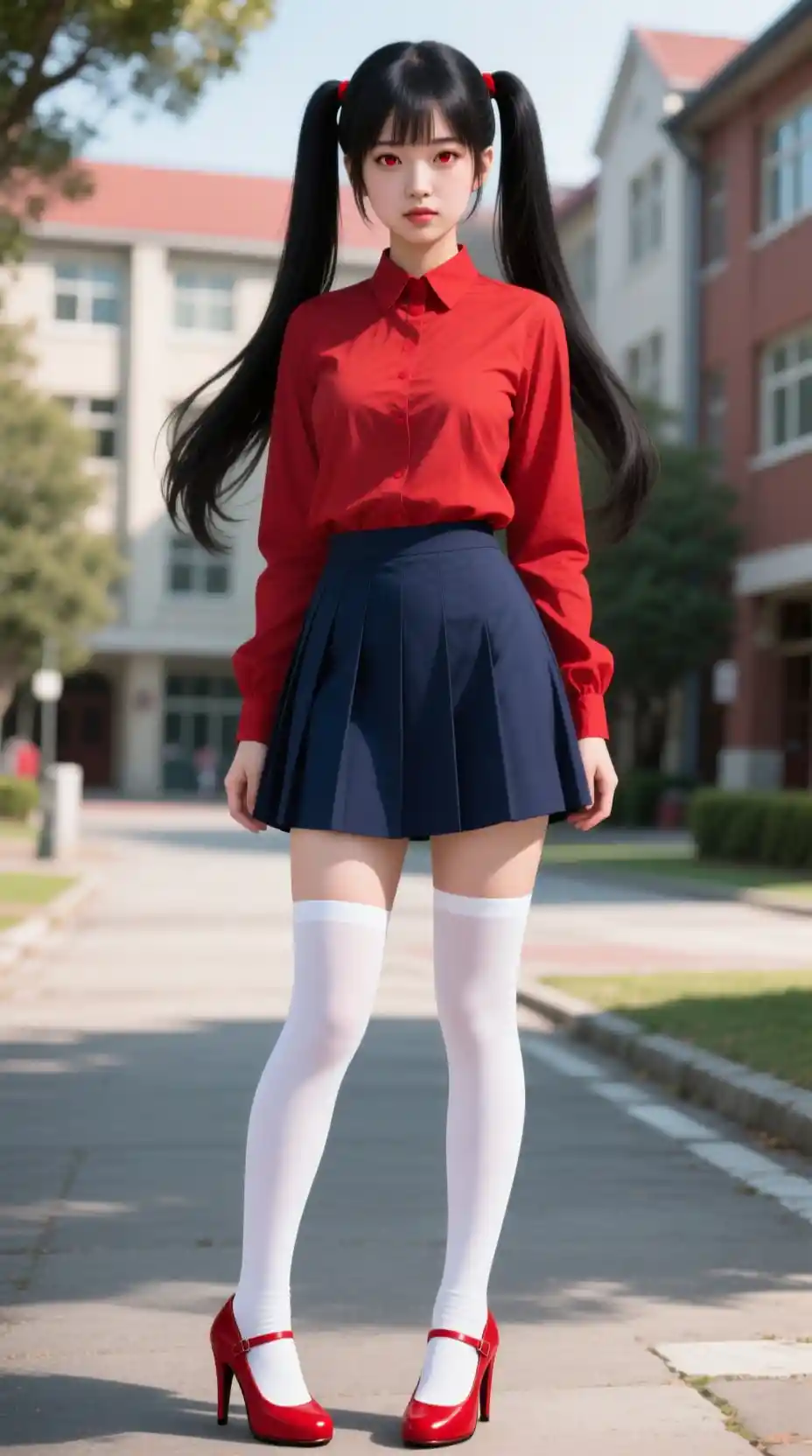 Donna giapponese in abito rosso su un vialetto del campus