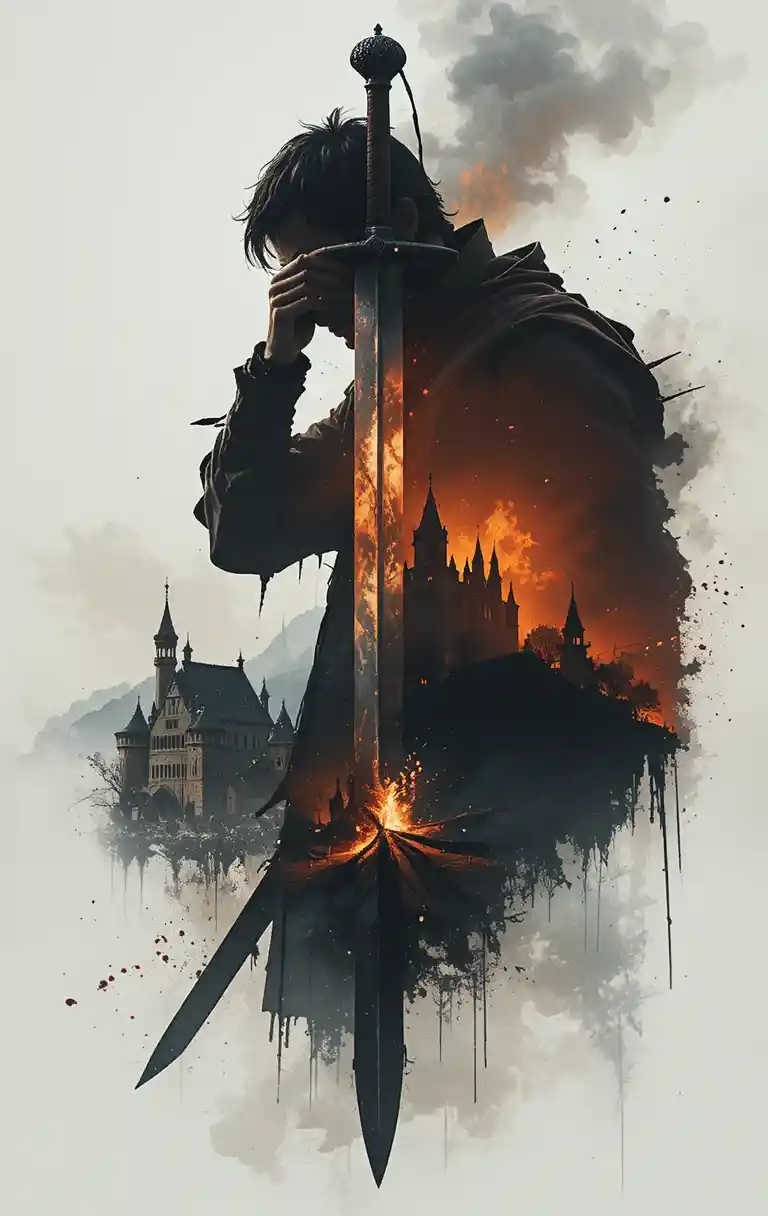 Double exposure broadsword blending with castle and battlefield