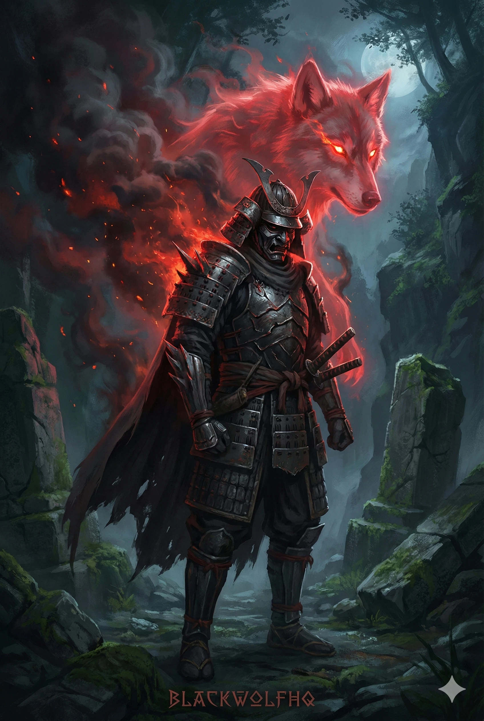 Black samurai with ghostly wolf aura in darkness