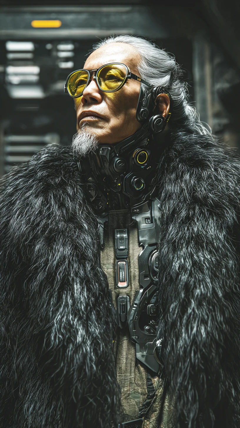 Cybernetic elderly woman warlord on a futuristic Hong Kong street