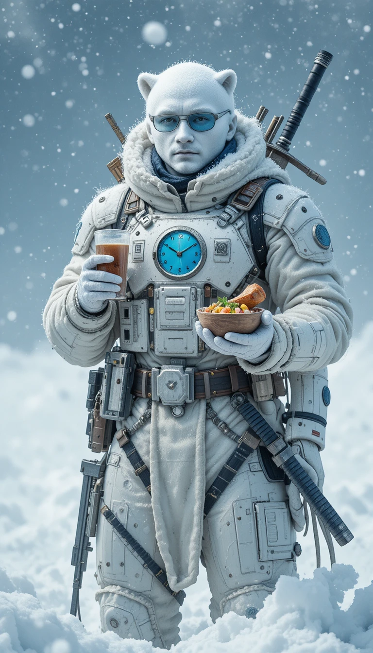 雪地中拿著拿鐵與便當的裝甲戰士