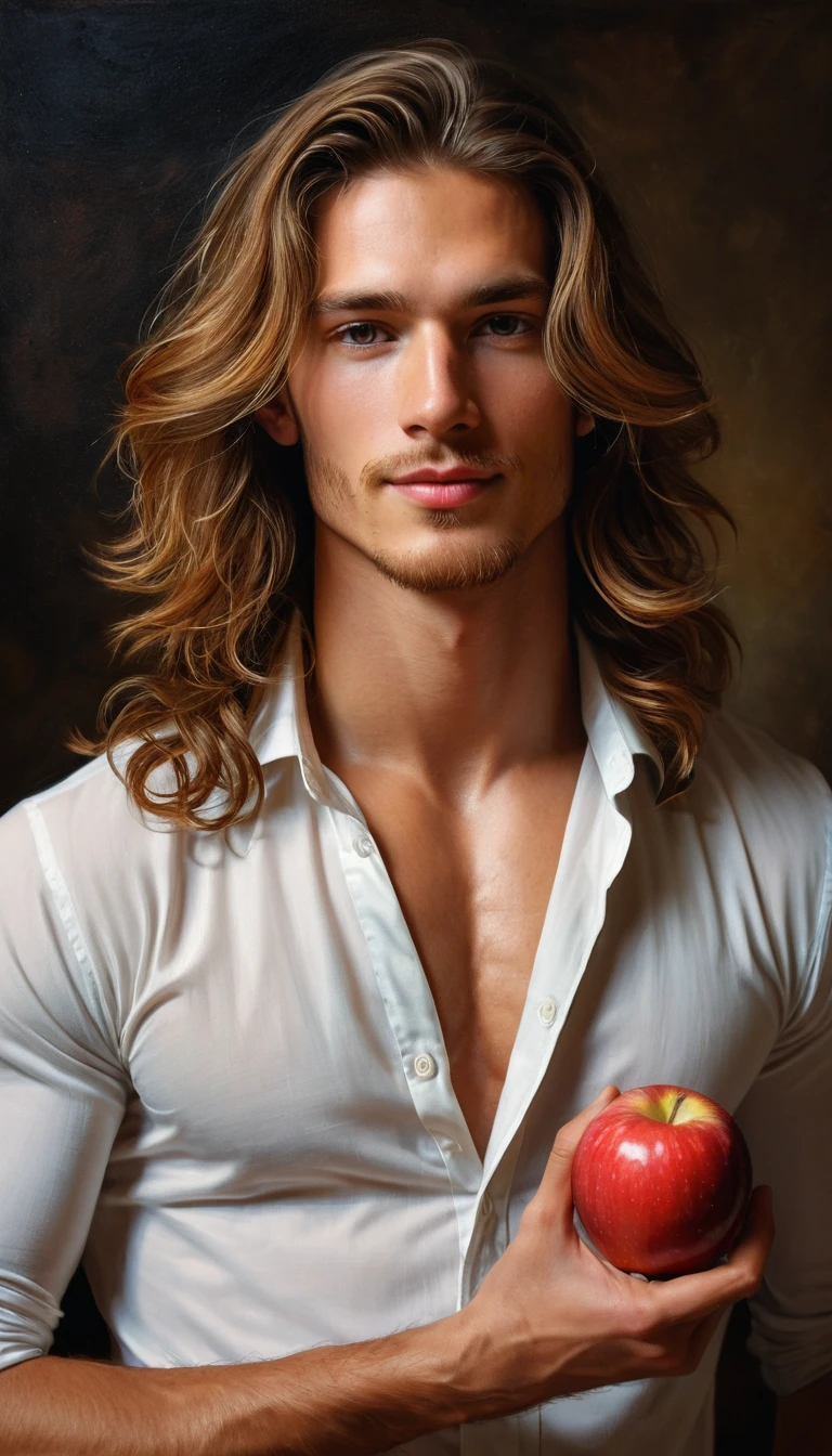 Young male model posing with apple in art class