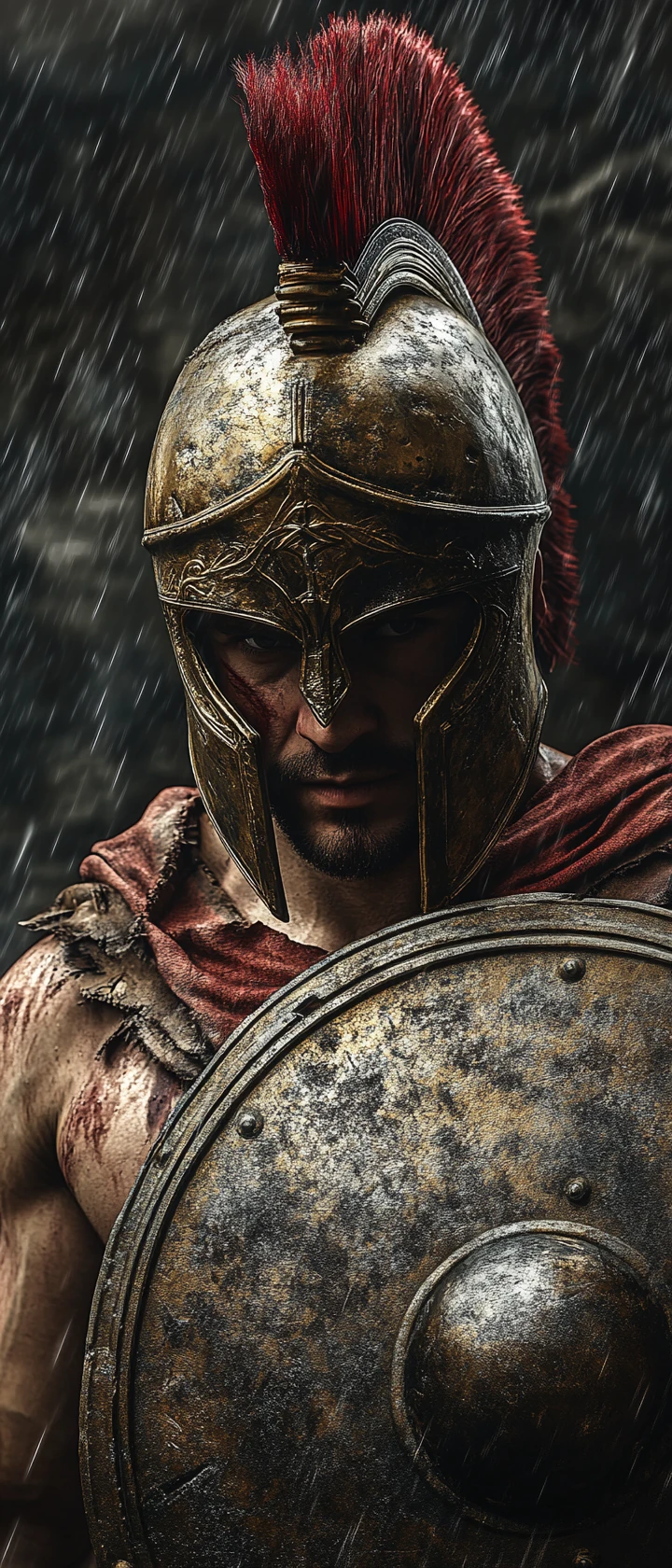 Spartan warrior with shield under dramatic rain soaked lighting