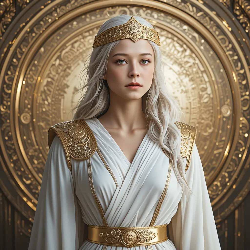 Regal white haired woman in ancient gold adorned robes