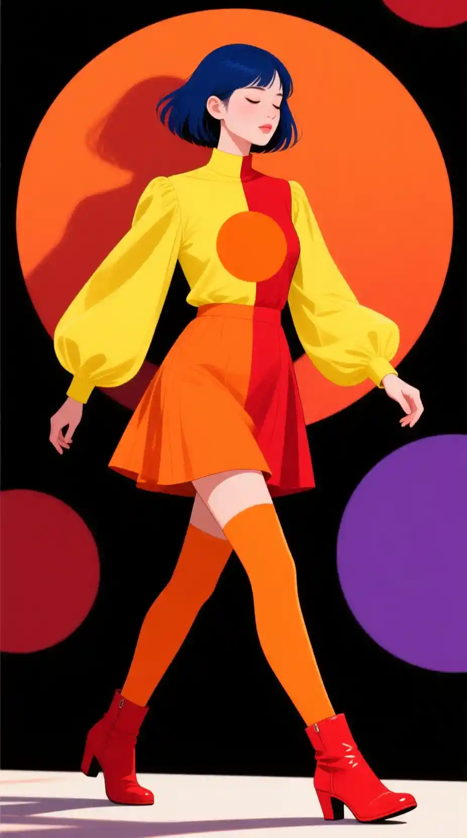 Stylized Asian woman in bold retro graphic fashion