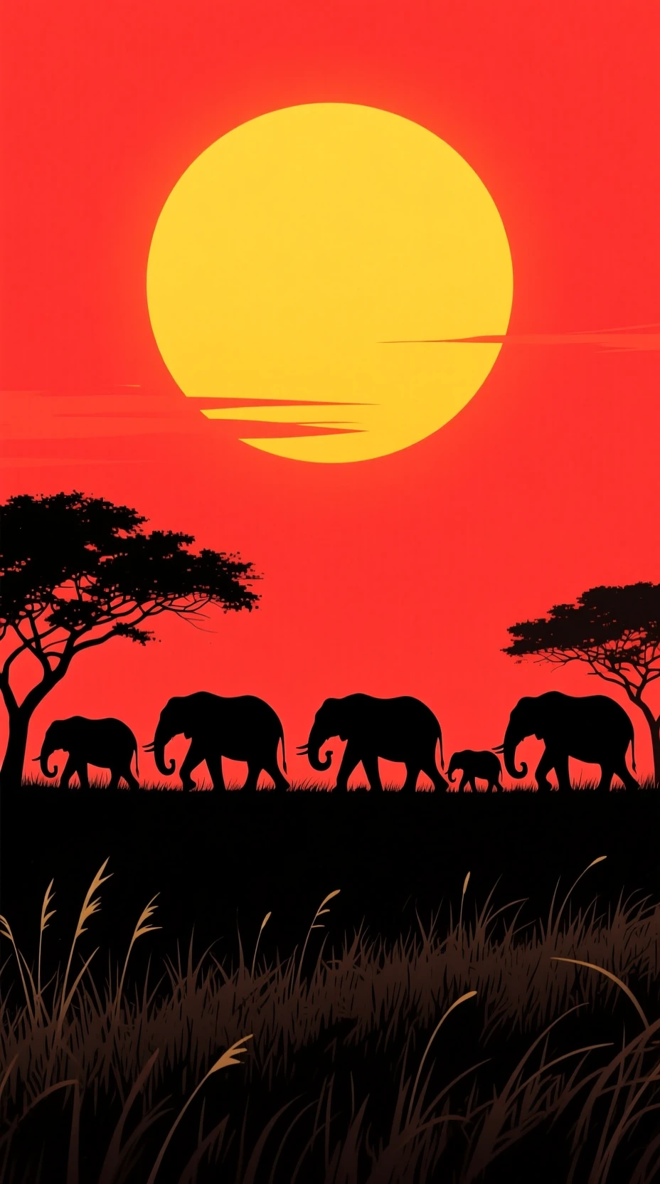 Silhouetted elephants crossing under a bright sun