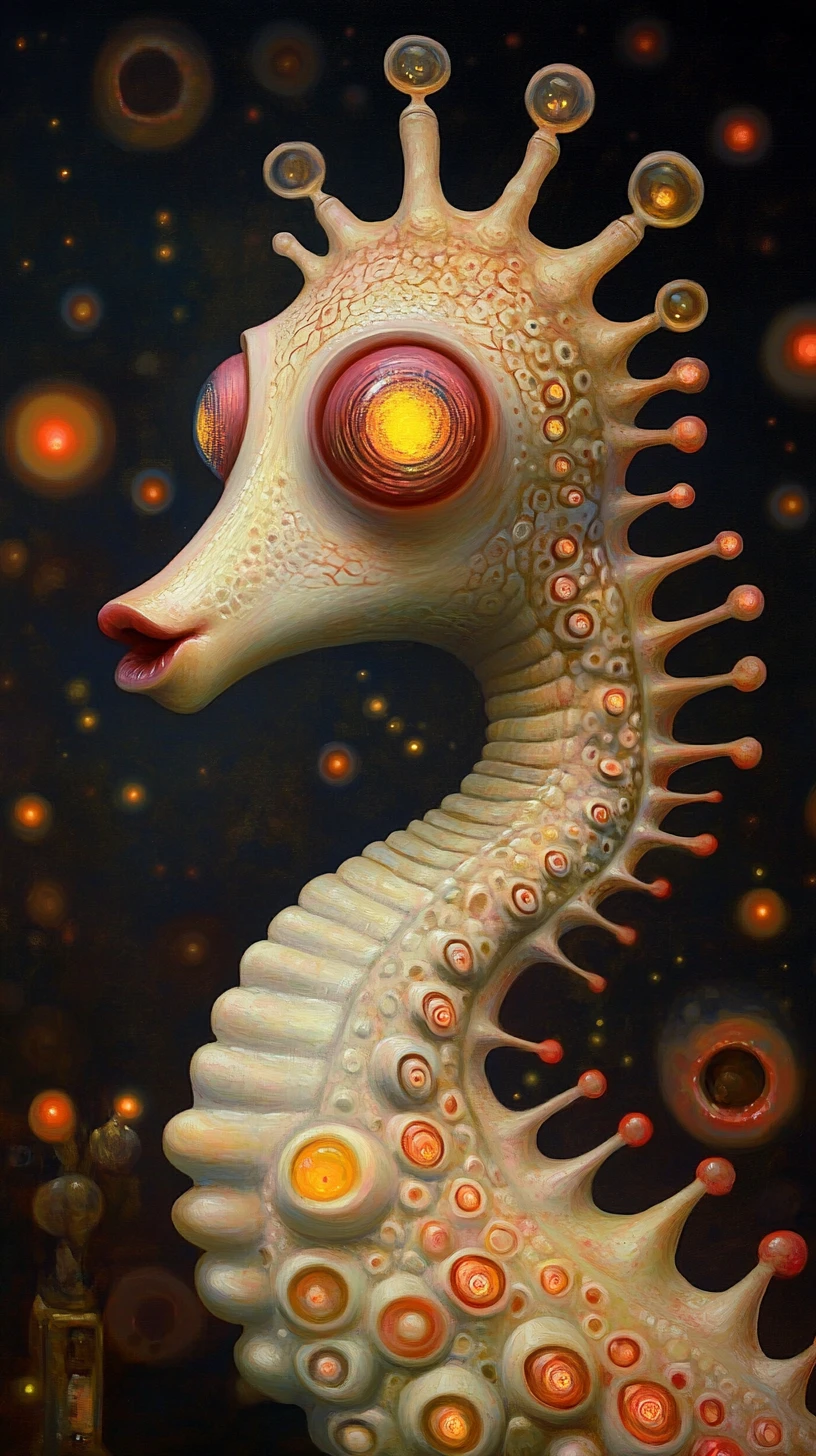 Humanoid seahorse creature in eerie fluorescent nightclub scene