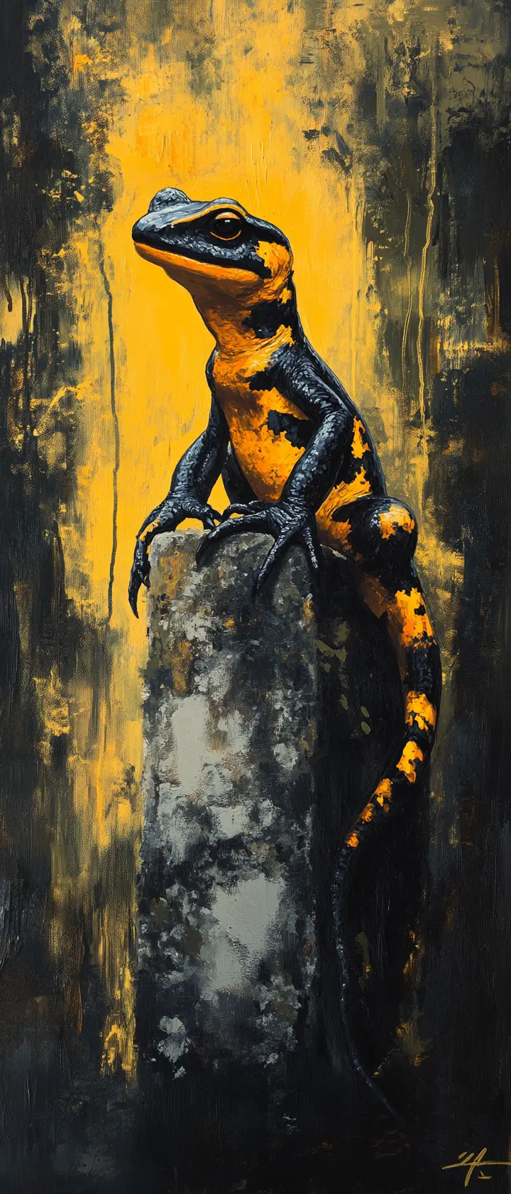 Salamandra di fuoco su pietra antica nella luce nebbiosa della palude