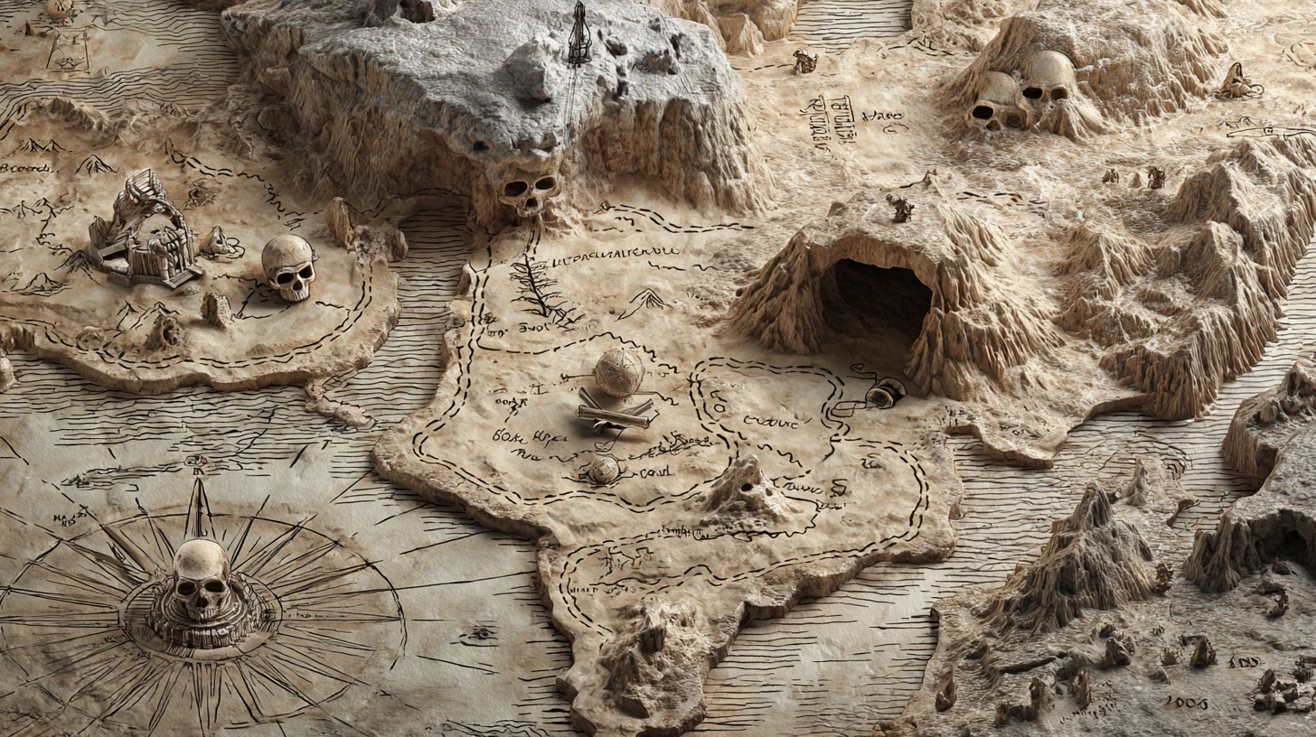 充滿洞穴與骷髏符號的奇幻 3D 海盜寶藏地圖