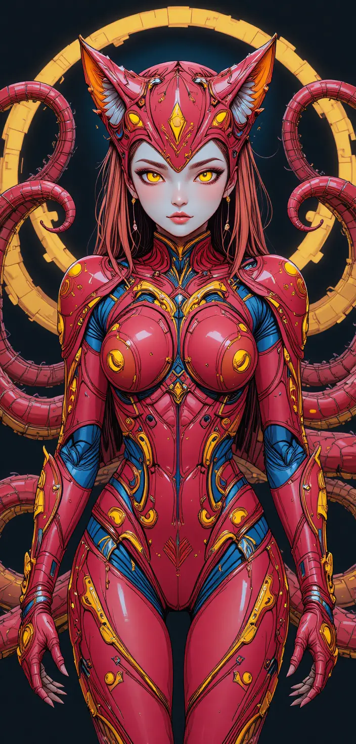 Chica de anime con armadura de tentáculos y ojos felinos brillantes