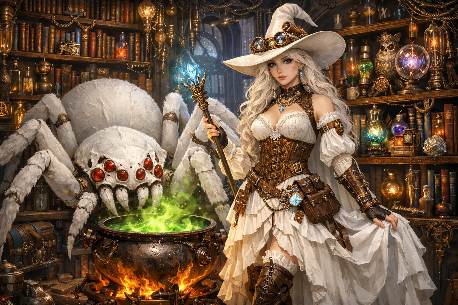 White steampunk witch in a magical conjuring library