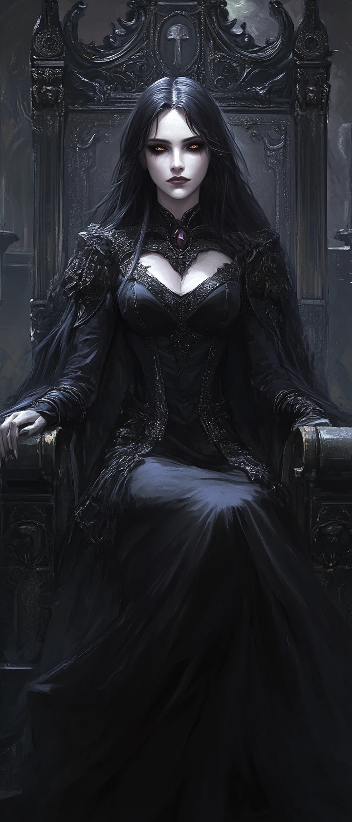Dark fantasy queen seated on a gothic metal throne