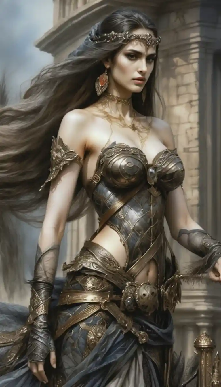 Dark fantasy warrior queen on black warhorse in ruins