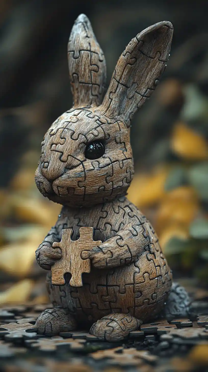 Puzzle piece rabbit holding a missing fragment in sadness