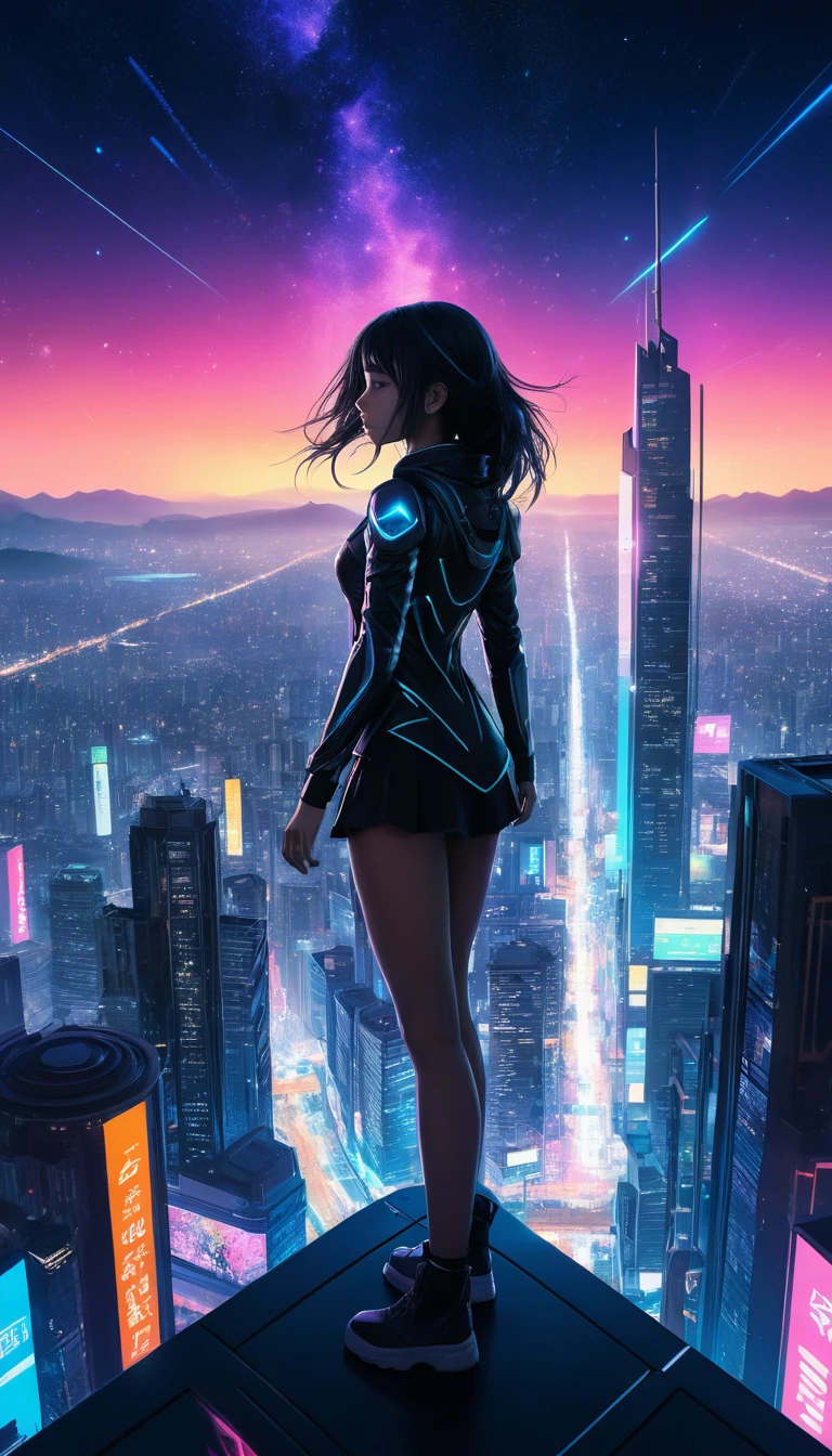 Anime girl on skyscraper reaching toward a starry sky