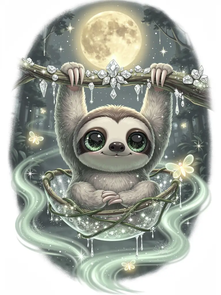 Cute chibi baby sloth hanging from glowing crystal branch