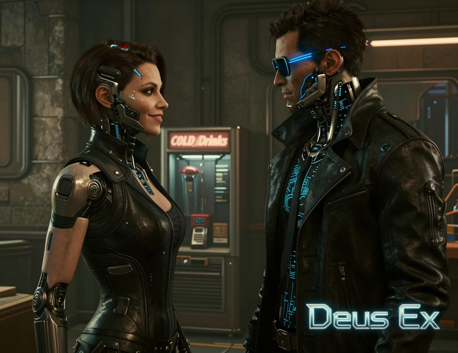 Augmented woman facing cybernetic man in dim industrial room