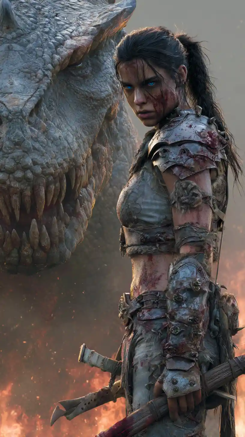 炎の中の戦いに鍛えられた女戦士とドラゴン