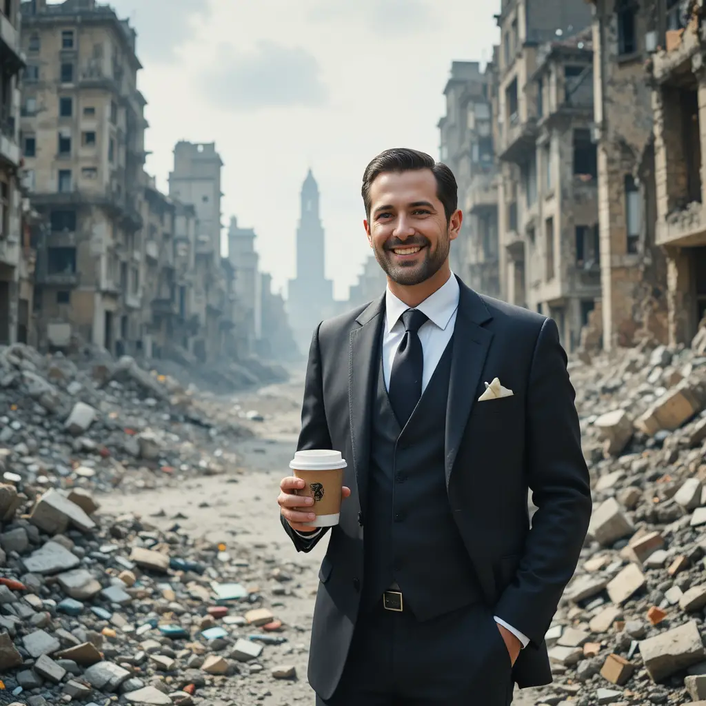 Smiling businessman with coffee in front of ruined cityscape