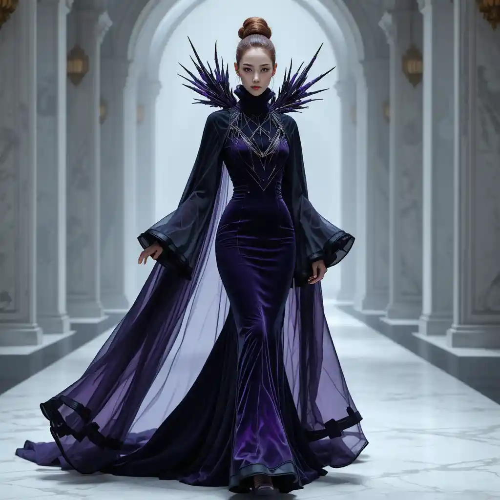 Korean model in purple velvet gown on futuristic runway