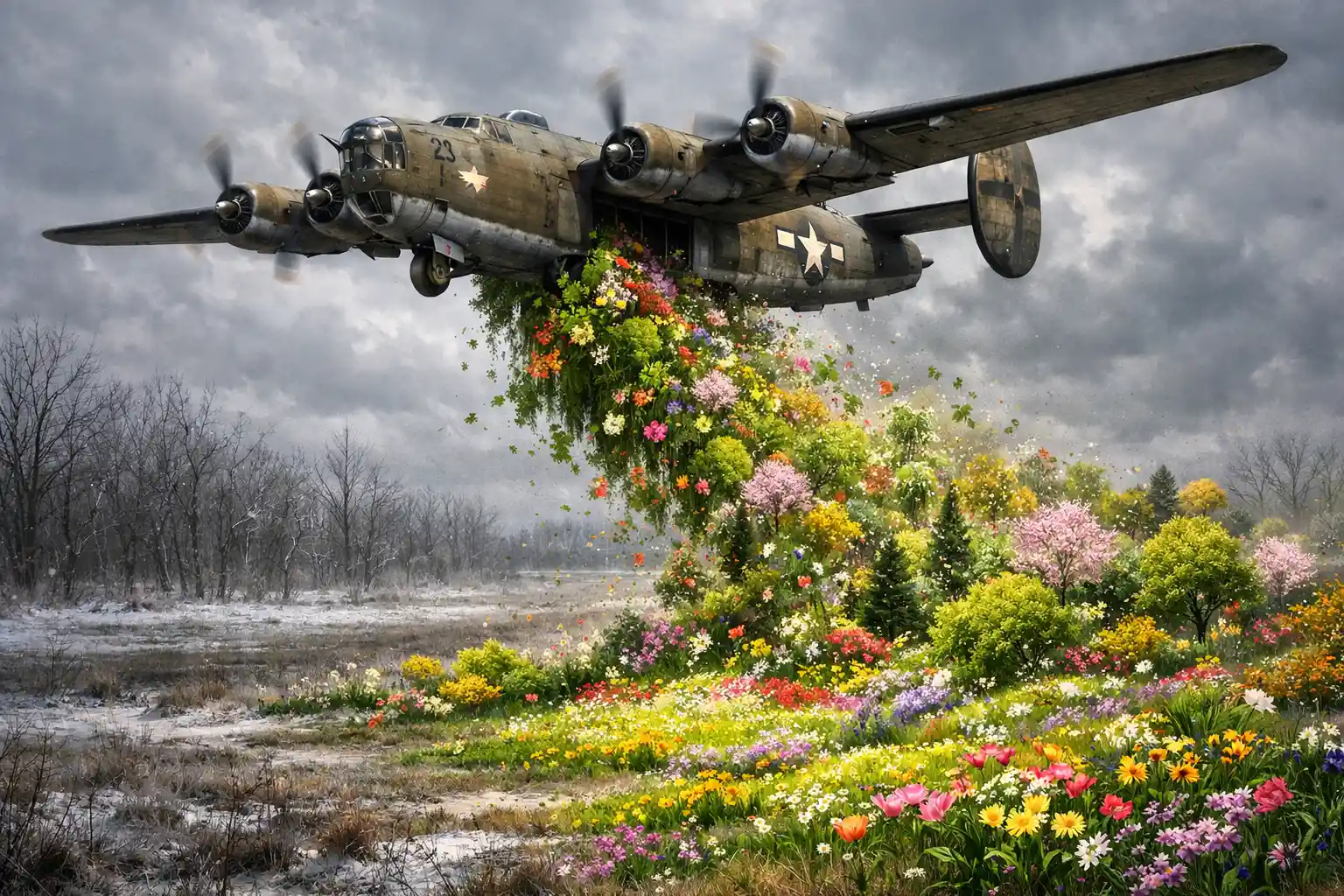 World War II bomber releasing spring over a gray field