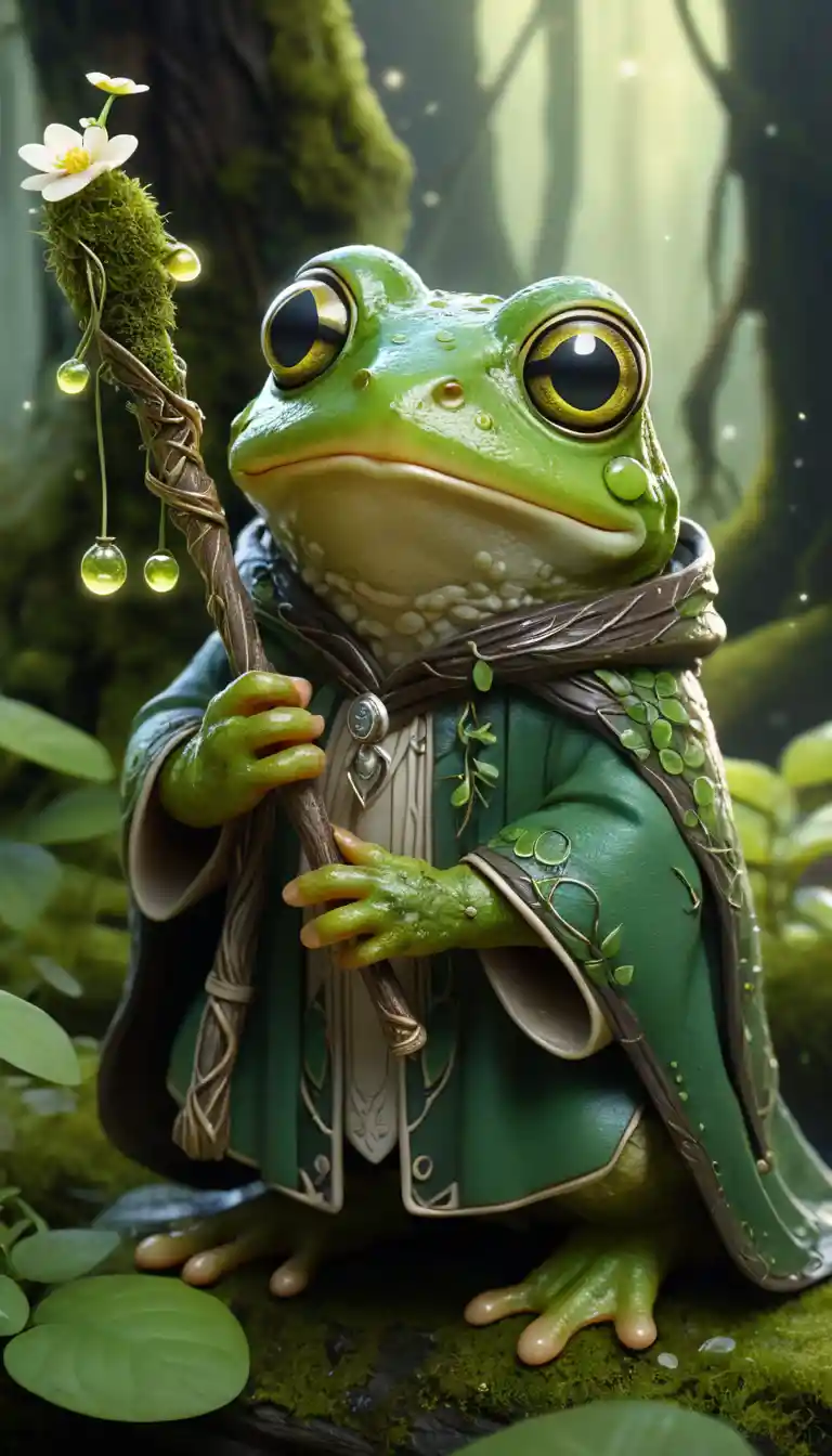 Niedlicher moosiger Sumpf-Druidenfrosch mit leuchtendem magischem Stab
