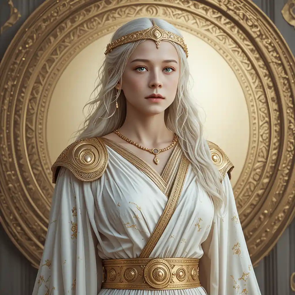 Regal white haired woman in gold and white ancient robes