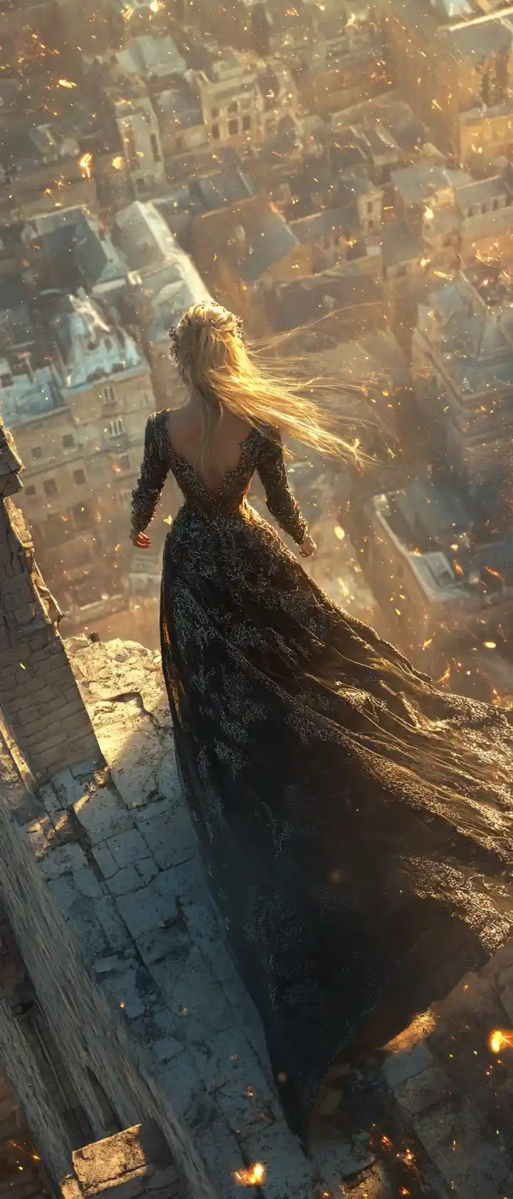 Girl on a crumbling tower in warm sunset light