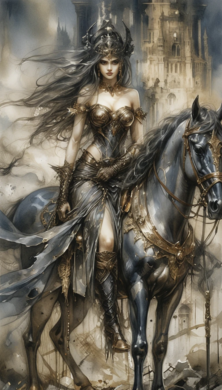 Dark fantasy warrior queen on horseback before ruins