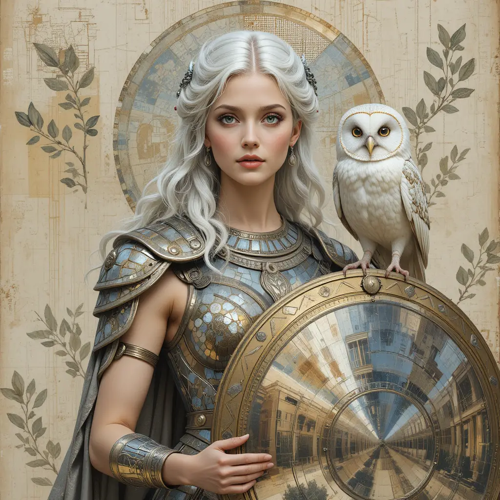 Goddess warrior portrait with owl and reflective shield