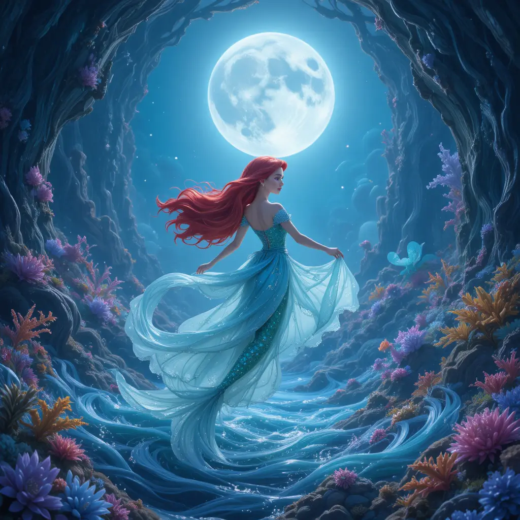 Mermaid princess dancing beneath the glowing full moon