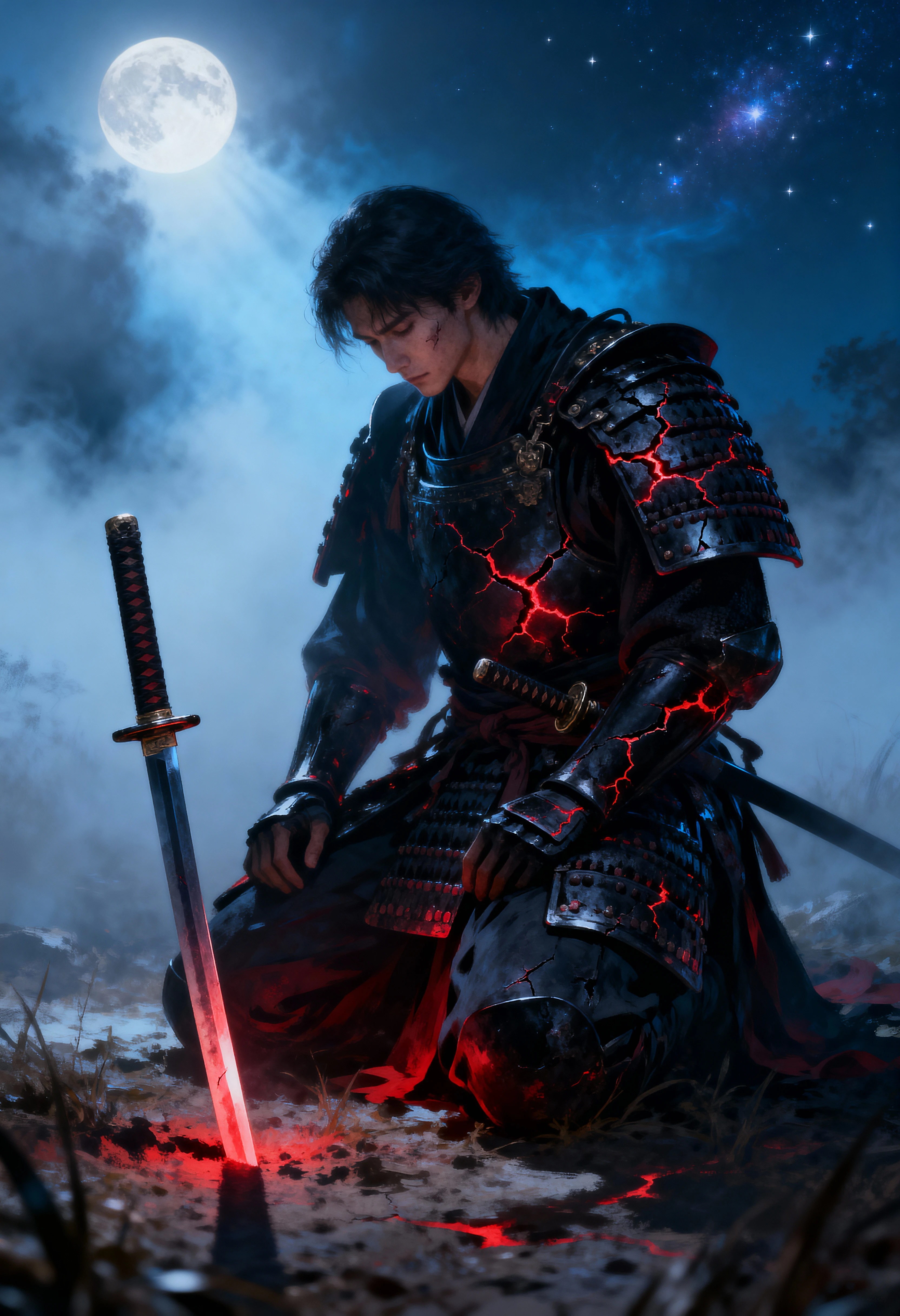 Battle scarred samurai kneeling under the moonlit fog